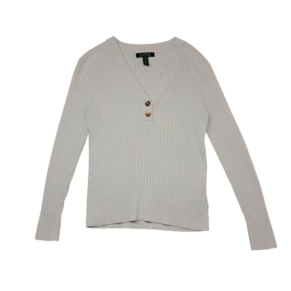 Lauren Ralph Lauren Sweater Women's Medium Cream Ribbed‎ Knit V Neck Preppy